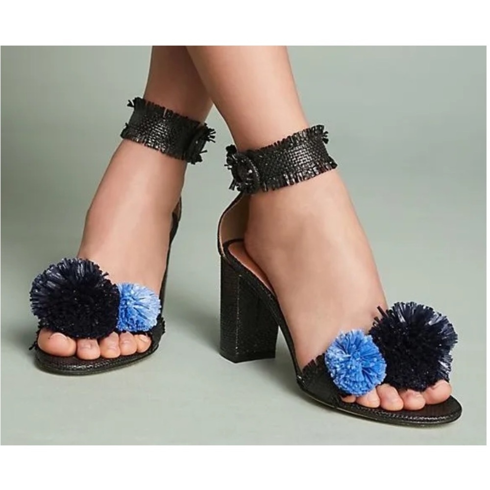 Anthropologie All Black Elegant Black Blue Raffia‎ Women's Heels. 38.5 or 8 US.